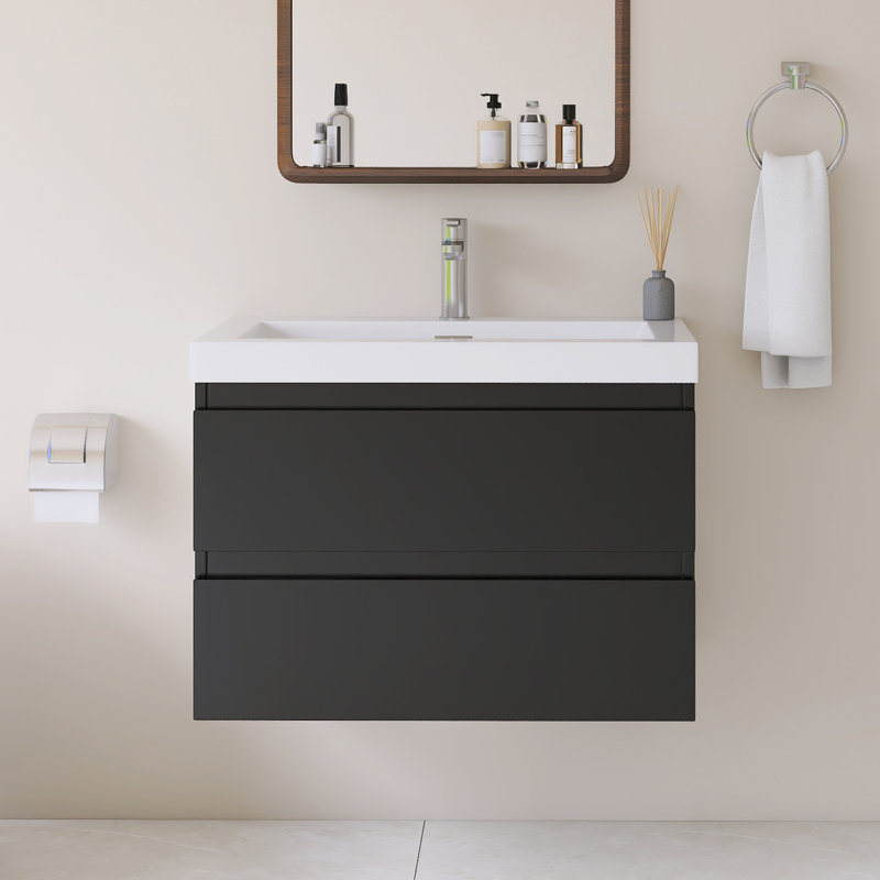 Meuble-lavabo mural simple avec plateau en résine intégré blanc, 30", Noir
