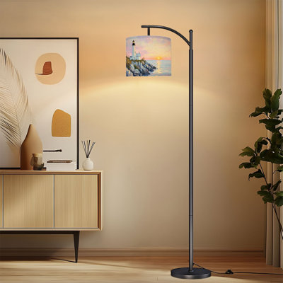 Arc Floor Lamp with Adjustable Lampshade Lighthouse Sunset Coastal Impressionist Landscape Beach House Nautical Standing Lamp 3 Color Temperatures Dimmable Tall Pole Lamp with Foot Switch for Bedroom