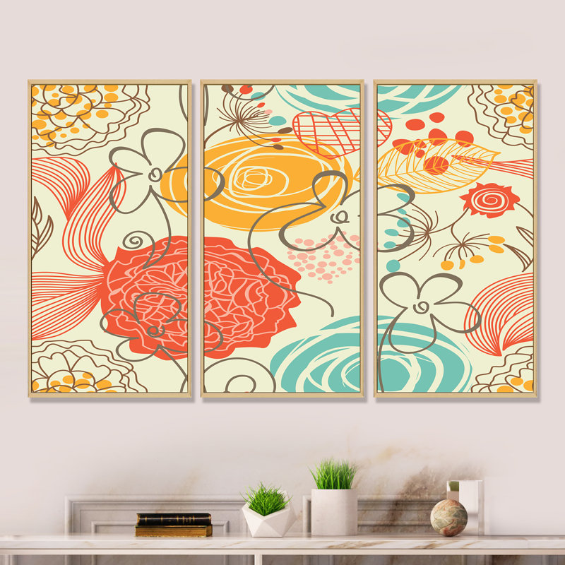Fleurs rétro orange et bleues - ensemble d'art moderne encadré sur toile Mid-Century, H 28 po x l 36 po x P 1 po, Brun
