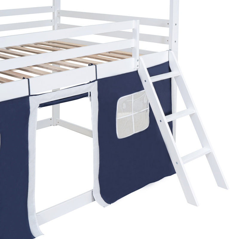 Lit superposé double en bois pleine grandeur avec fenêtres élégantes, rebords et tente, bleu blanc - 81,9 po x 78,2 po x 85,5 po - bois massif MDF - lit - blanc bleu - avec glissoire et avec rangement