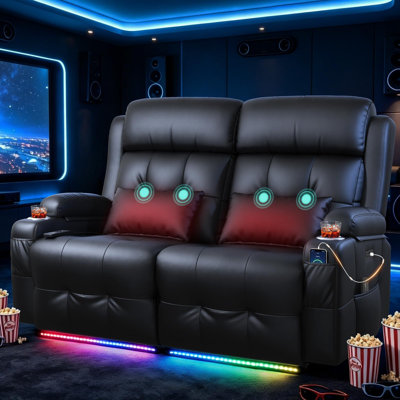 Zero Gravity Power Reclining Loveseat with Massage & Heat,Wall Hugger Home Theater Seating with LED Lights,USB & Type-C Ports, Ideal for RV, Home Theater and Office