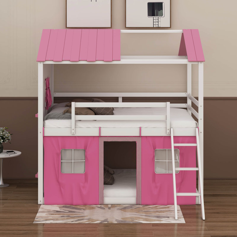 Lit double superposé en bois avec fenêtres, rebords et tente, Rose/Blanc