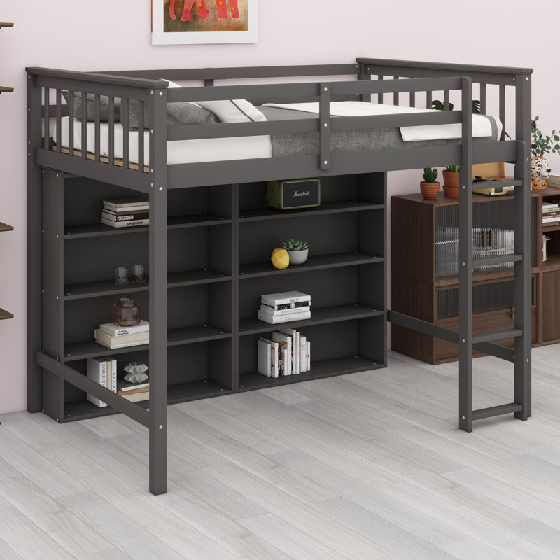 Loft Bed With Open Storage Shelves And Built-In Ladder