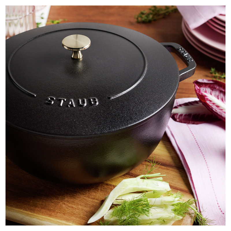 Staub Cast Iron Round Cocotte, Dutch Oven, 5.5-Quart, Serves 5-6, Made In France, Peony Pink, Matte Black