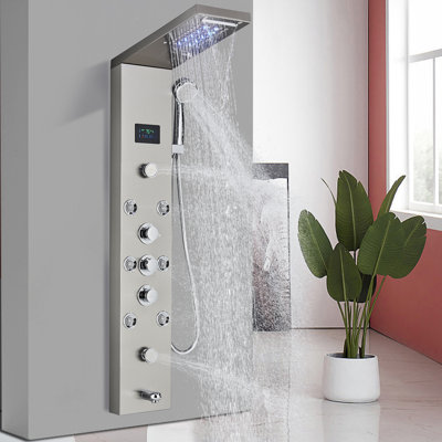 Système de tour de douche moderne avec système de tour à 6 fonctions en acier inoxydable, pomme de douche à pluie à jets de pluie + douchette à main + jets de massage à pluie + bec de baignoire, nickel brossé