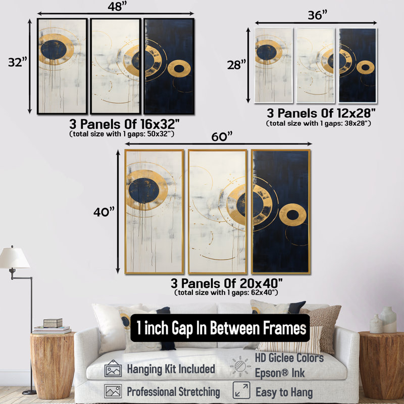 Circulaire soleil doré et lune - ensemble d'art mural minimalisme, Encadrement argenté, H 40 po x l 60 po x P 1 po