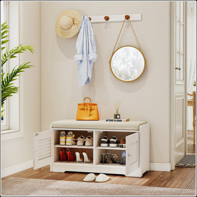 Banc de rangement pour chaussures 28,74 po avec armoire à 2 portes, banc d'entrée avec rangement pour chaussures blanc, banc à chaussures avec coussin, tablettes réglables, banc à chaussures pour vestibule, couloir