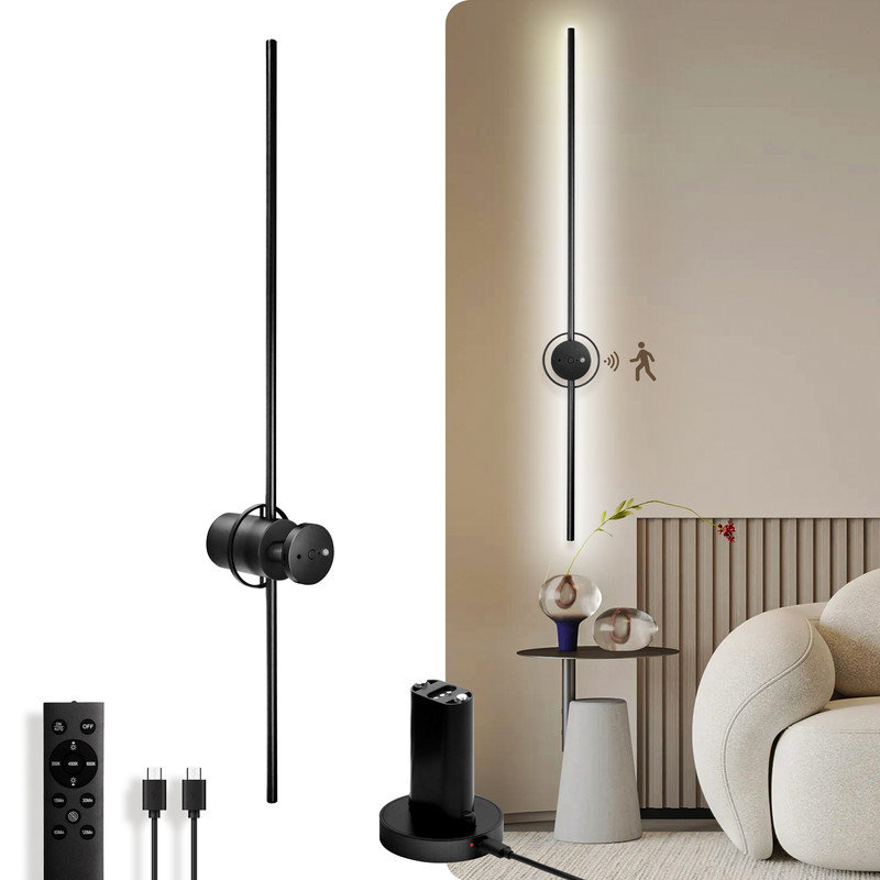 38 inch Wall Sconces with Remote Control, USB Rechargeable Motion Sensor Wall Light for Living Room, Satin Black