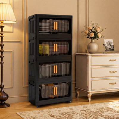 Noir, armoire de rangement pliante latérale de 20 po de large, 4 niveaux, 19,69 po x 11,81 po x 40,55 po, bacs de rangement pliables avec porte magnétique, armoire de rangement en plastique avec roues