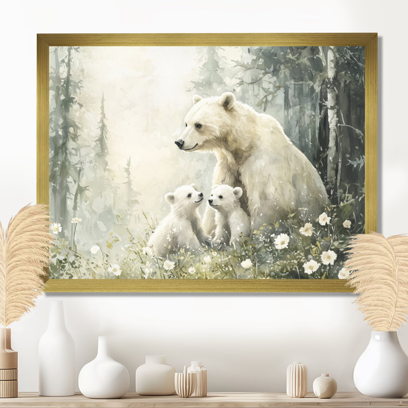 Mère ours avec des oursons en hiver II - art mural ours, H 30 po x l 40 po, Cadre flottant, Doré