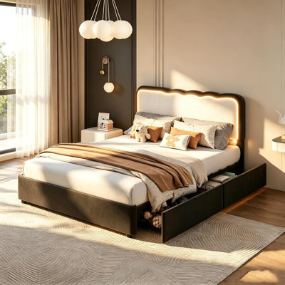 Bed Frame with LED Lights, Irregular Wave Upholstered Platform Bed with 2 Storage Drawers