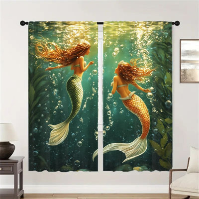 2Pcs Ocean Mermaid Pattern Curtains, Underwater World Design Fantasy Room Decor Light Filtering Rod Pocket Window Drapes For living bedroom Kitchen