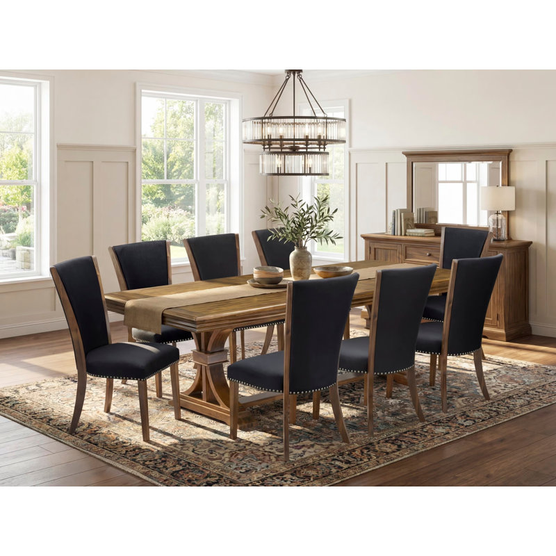 9-piece Dining Room Set consists of a Kitchen Table and 8 Black Linen Fabric Dining Chairs with Button tufted Back - Antique Walnut Finish