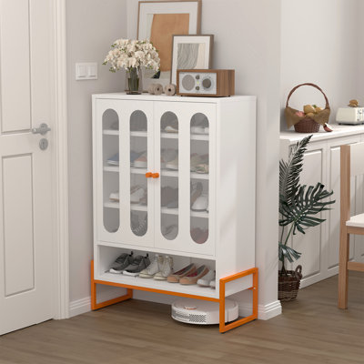 Armoire à chaussures blanche autoportante avec filet ajustable, 3 à 4 tablettes et conception surélevée de 15 cm pour la circulation d'air à la maison, portes papillon à double ouverture