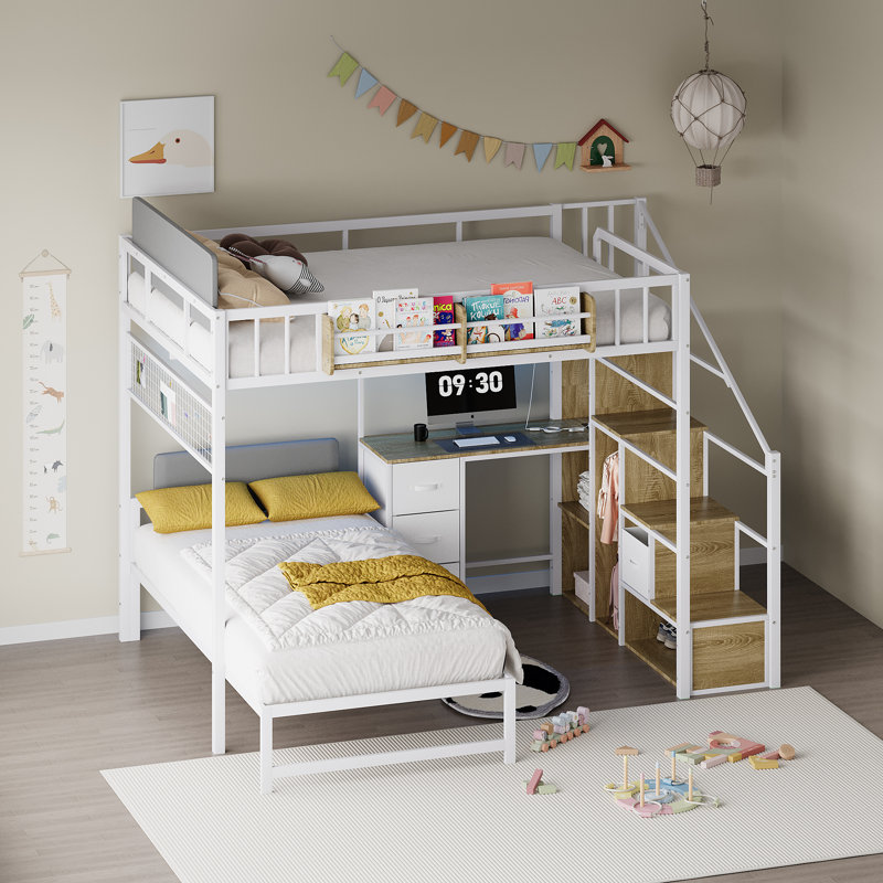 Loft Bunk Bed with Desk, Stairs, Drawers and Storage Shelves, L-Shaped Metal Bunk Bed with Charging Station and LED Light