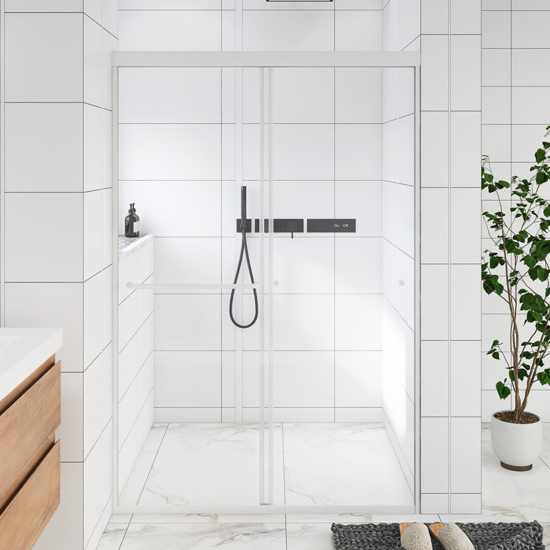48 po Double porte de douche coulissante encadrée au fini nickel brossé avec verre transparent, Noir