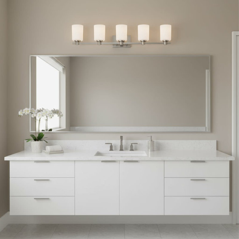 Karlie 5-Light Bath Vanity Fixture with Etched Cylindrical Shades, Silver/White