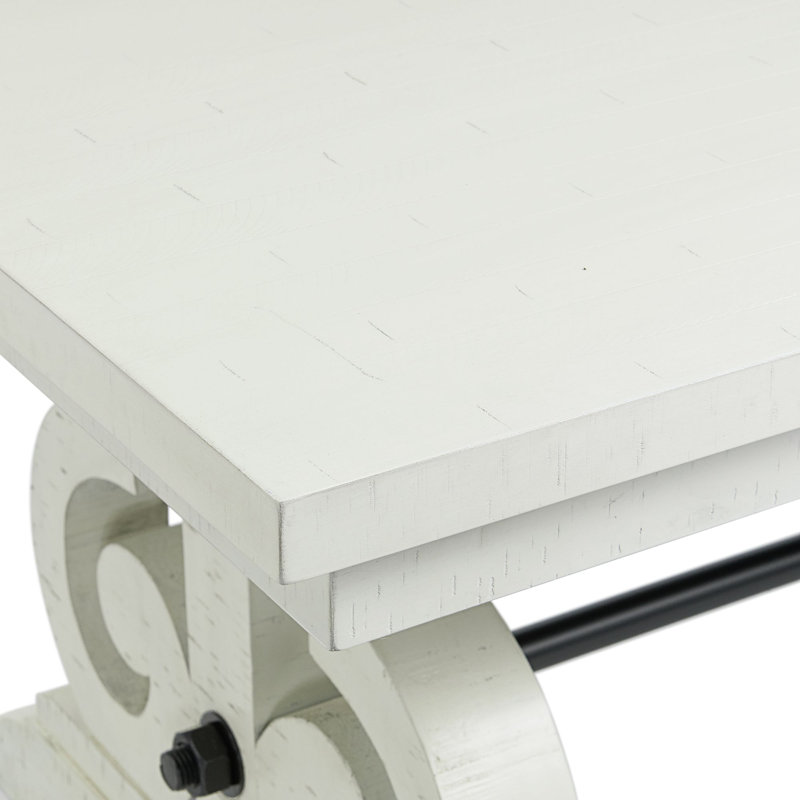 White Distressed Wood Extendable Dining Table with Scroll Trestle