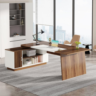 Bureau de direction en L 70,5 pouces avec rangement, poste de travail moderne de style Mid-Century à usage domestique et professionnel, noyer et blanc