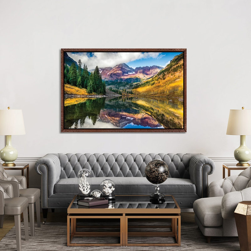 Maroon Bells, Colourado by Susanne Kremer - Print on Canvas, 152.5 cm H x 101.5 cm W, Classic Brown Wood Framed