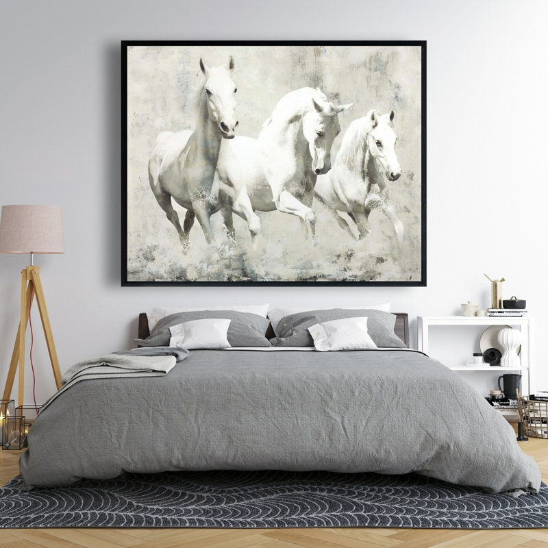 Trois chevaux blancs qui courent sur toile