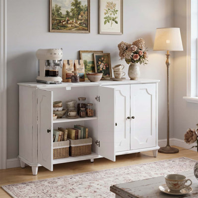 Buffet rétro blanc vieilli avec 4 portes décoratives, grand rangement pour l'entrée et le salon