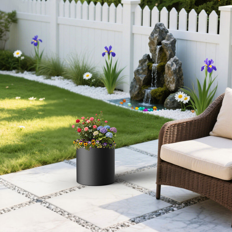 10in. Small Matte Black(Upgraded Interior) Concrete Tall Round Planter Pot Cylindrical Flower Planter with Drainage Hole