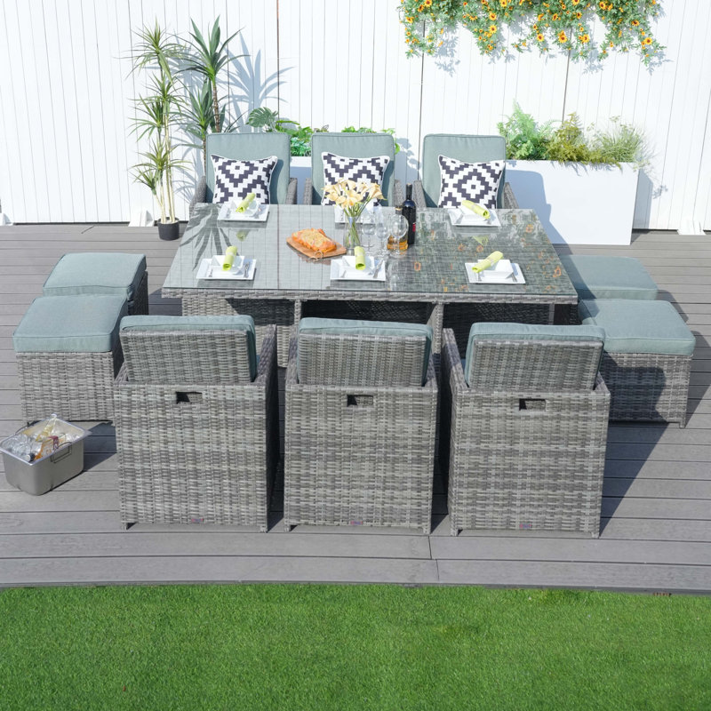 Amher 10 - Person Wicker Patio Dining Set with Rectangular Table , Cushions Included, Gray, Gray Green