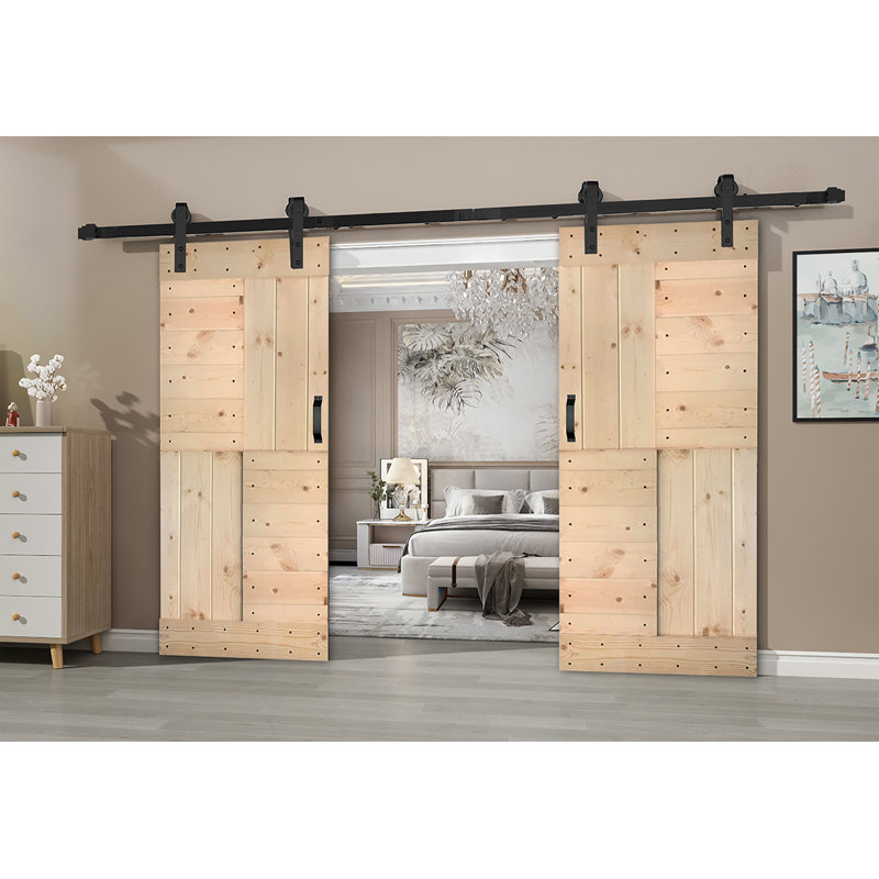 Porte de grange coulissante double en bois massif avec trousse de quincaillerie brevetée S Series - assemblage requis