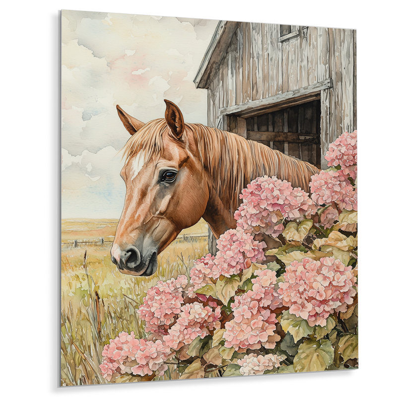 Hortensias et chevaux par la grange I - hydrangées, art mural en métal, H 20 po x l 12 po