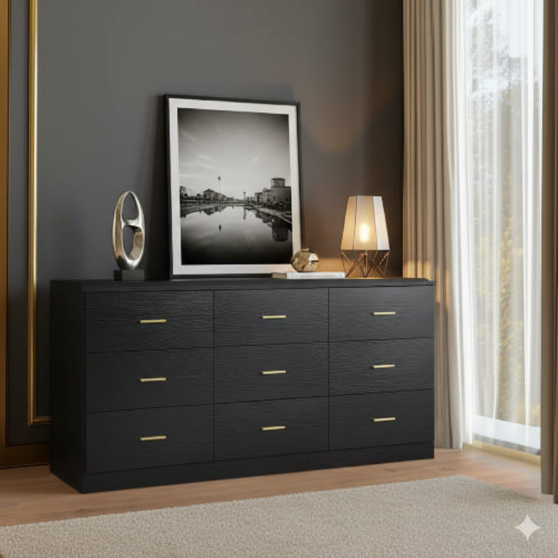 Commode moderne à neuf tiroirs noire pour la chambre à coucher - Commode spacieuse et spacieuse, fabrication robuste et sécuritaire.