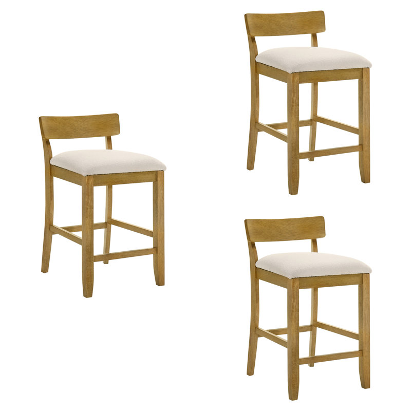 Merie Modern Transitional Wood Counter Height Kitchen Bar Stool In Amber Glow Finish With White Boucle Fabric Upholstered Seat - Set Of 3