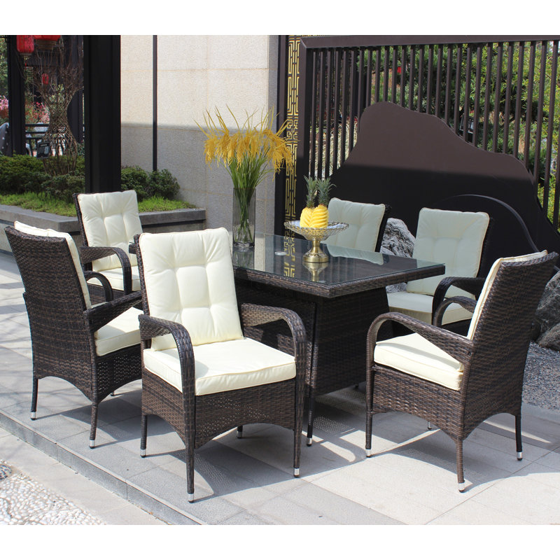 Ensemble de salle à manger 7 pièces de patio rectangulaire avec 6 chaises (coussin brun et beige)