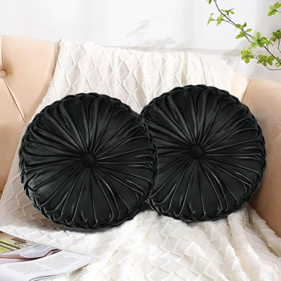 Coussins en velours noir avec motif plissé et bouton central pour canapé, lit et décoration intérieure