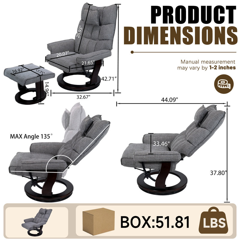 Fauteuil inclinable de massage à 8 points avec repose-pieds, fauteuil chauffant inclinable en chenille avec base en bois courbé, fauteuil télé d'intérieur pour le salon et la chambre à coucher, gris