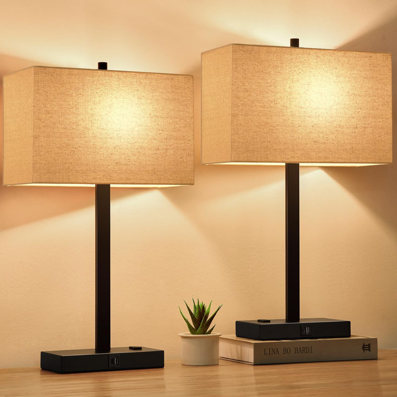 Set Of 2 Bedside Touch Control Table Lamp With USB A+C Charging Ports & AC Outlet, 3-Way Dimmable Nightstand Lamp With Fabric Shade For Bedroom Living Room, 2700K LED Bulbs Included