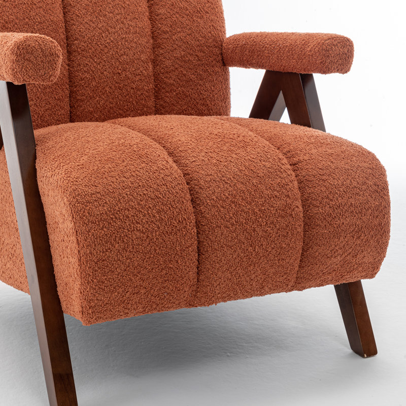 Dormon Upholstered Boucle  Armchair with Solid Wood Legs, Orange
