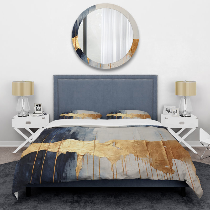Ensemble de housse de couette abstrait Waves Of Joy Minimal Nova bleu et or I - polyester microfibre