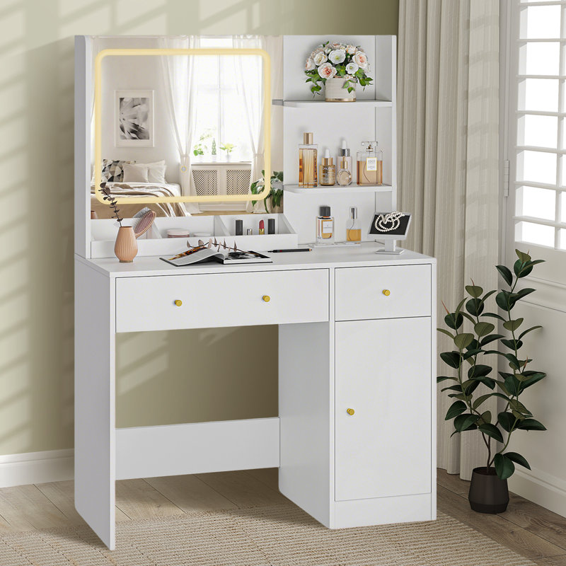 Ensemble de coiffeuse de maquillage blanc moderne avec miroir lumineux à DEL, station de charge intégrée et 3 compartiments de rangement