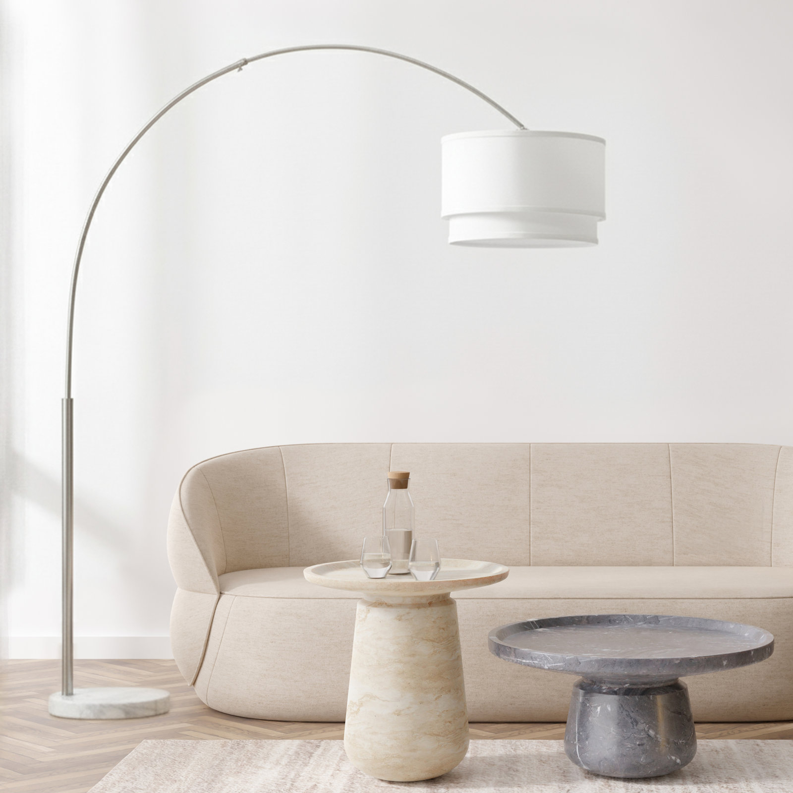 Mason 81 in. Modern Adjustable LED Arched Standing Floor Lamp with Fabric Drum Shade and Weighted Marble Base, Nickel