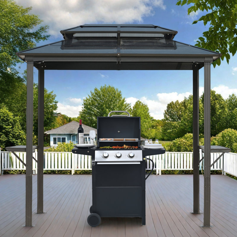 5Ft X 8Ft  Aluminum BBQ Grill Gazebo Grey Polycarbonate Double Roof  with Ceiling Hook and Shelves for Outdoor Use