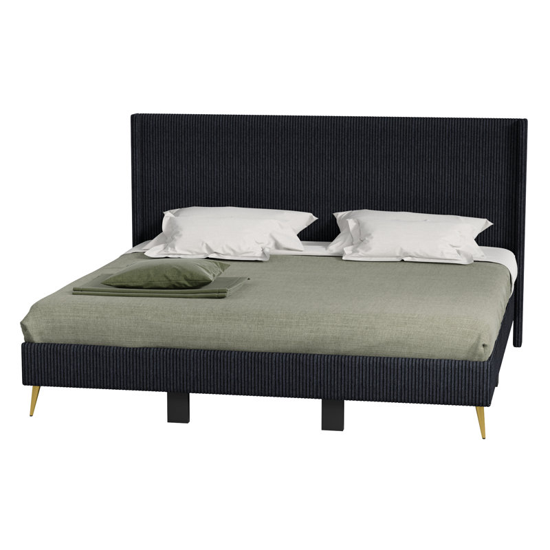 Shannock Corduroy Upholstered Wingback Bed With Gold Metal Legs, Black, King