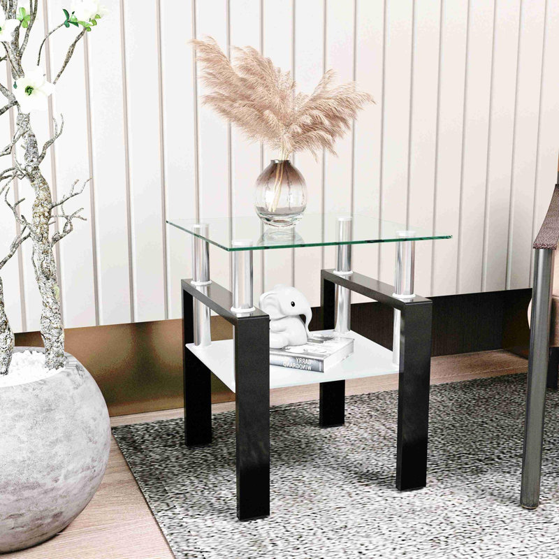 Table d'appoint moderne de haute qualité en verre trempé de haute qualité, Clair, Noir