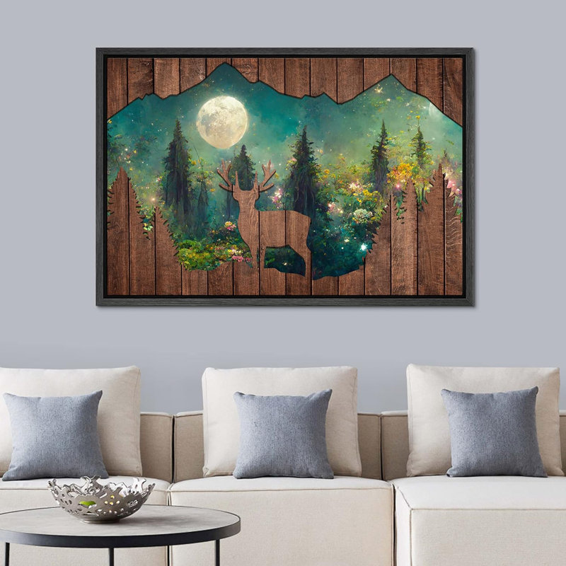 Western Wood Effect Landscape " Wood Effect Panel Deer Moonlight Forest Landscape Nature Artwork Farmhouse/Country Decor " Print