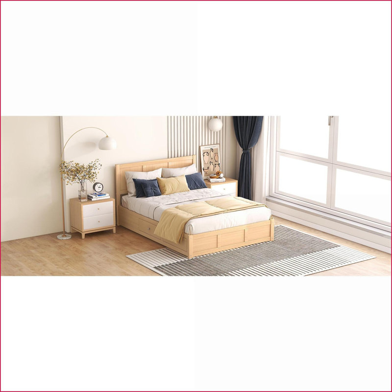 Lit plateforme double en bois de pin avec rangement à 2 tiroirs, aucun sommier nécessaire, ton de bois naturel pour la chambre à coucher