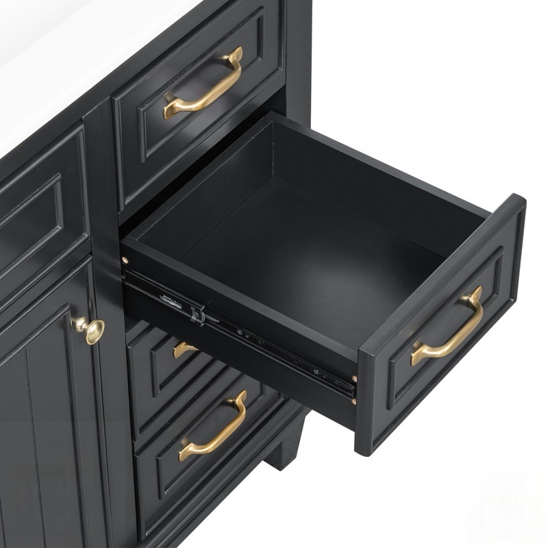 Meuble-lavabo de salle de bain avec lavabo en céramique, structure en bois massif, armoire en bois aggloméré et peuplier, tiroirs rabattables, tablette réglable et poignées en alliage de zinc