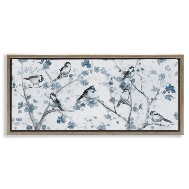 Oiseaux sur des branches tachetées, H 11 po x l 25 po, Cadre flottant orme Montalcino