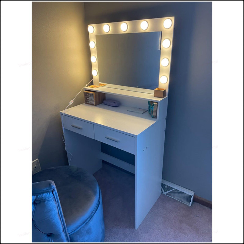 Bureau de coiffeuse polyvalent avec lumières réglables et grand espace de rangement