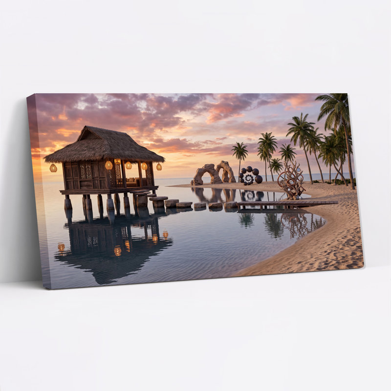 Toile tropicale au toit de chaume sur une eau calme au coucher du soleil, L 32 po x H 16 po