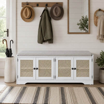 Farmhouse Rattan Door Storage Bench with Cushioned Seat, Adjustable Shelves, Multifunctional Wood Shoe Bench for Entryway, Hallway and Living Room
